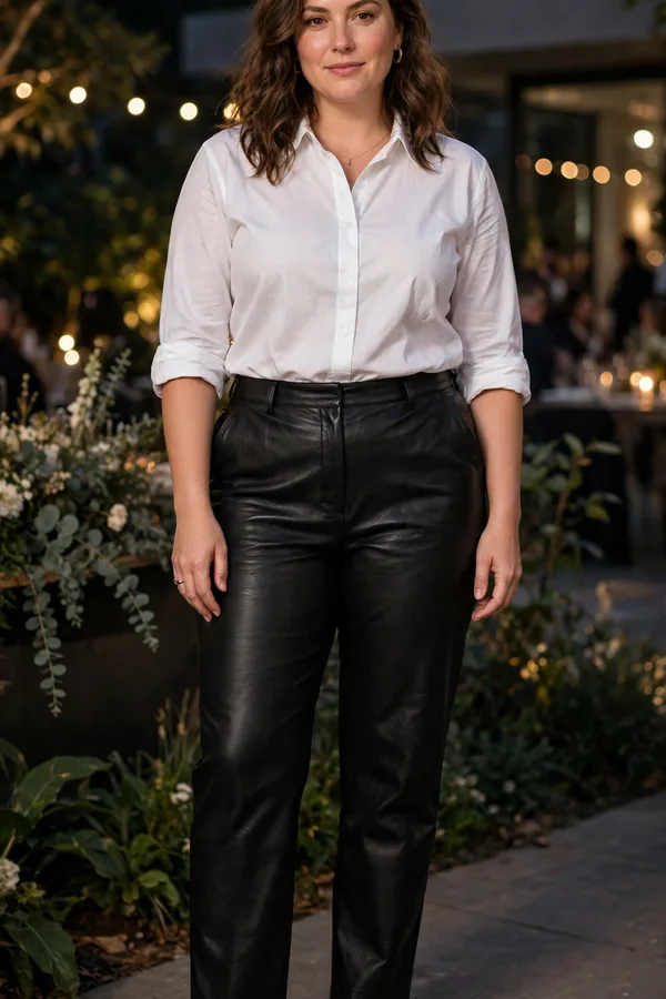 A moderately curvy woman in black leather trousers with a classic white shirt and pointed flats at an evening event