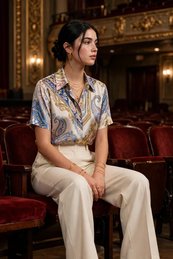A young woman wearing a silk scarf-print blouse and tailored cream wide-leg pants at an elegant concert venue
