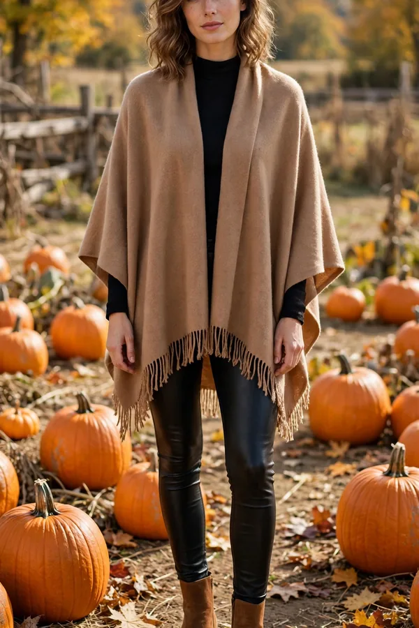 Woman in a camel cashmere poncho with leather-look leggings and suede ankle boots among pumpkins