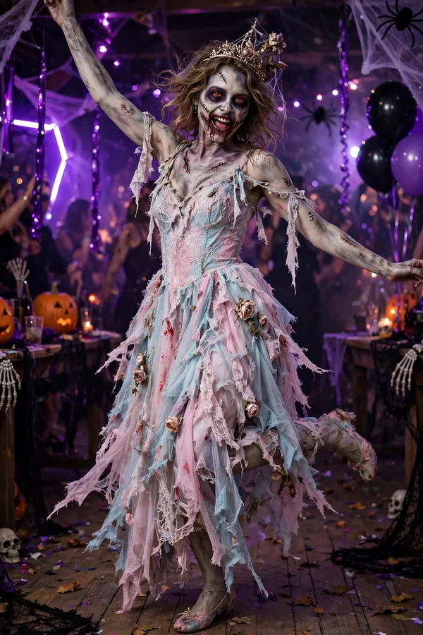 A woman in a tattered pastel prom dress with a tiara and zombie makeup dancing at a party