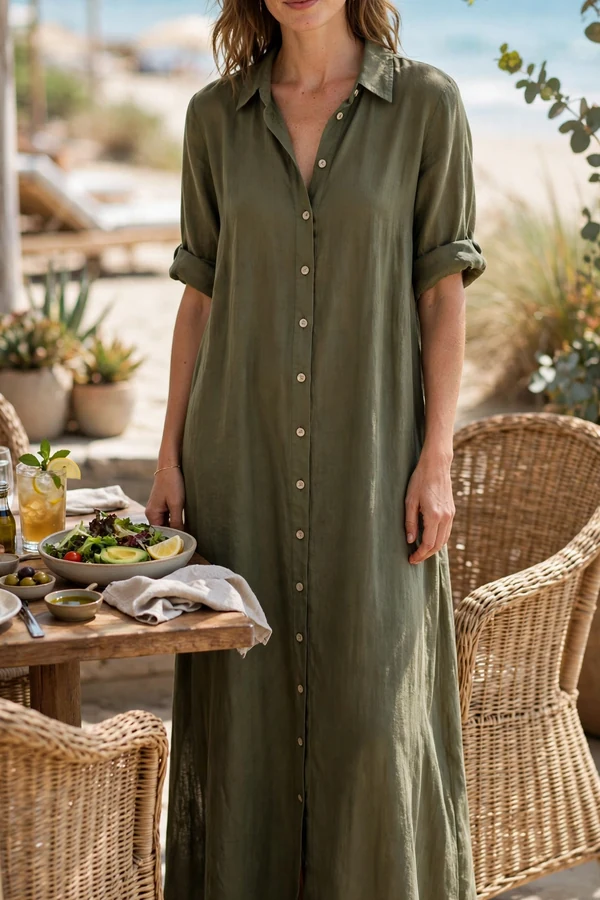 A woman in a flowing olive maxi shirt dress with flat sandals at a beachside lunch
