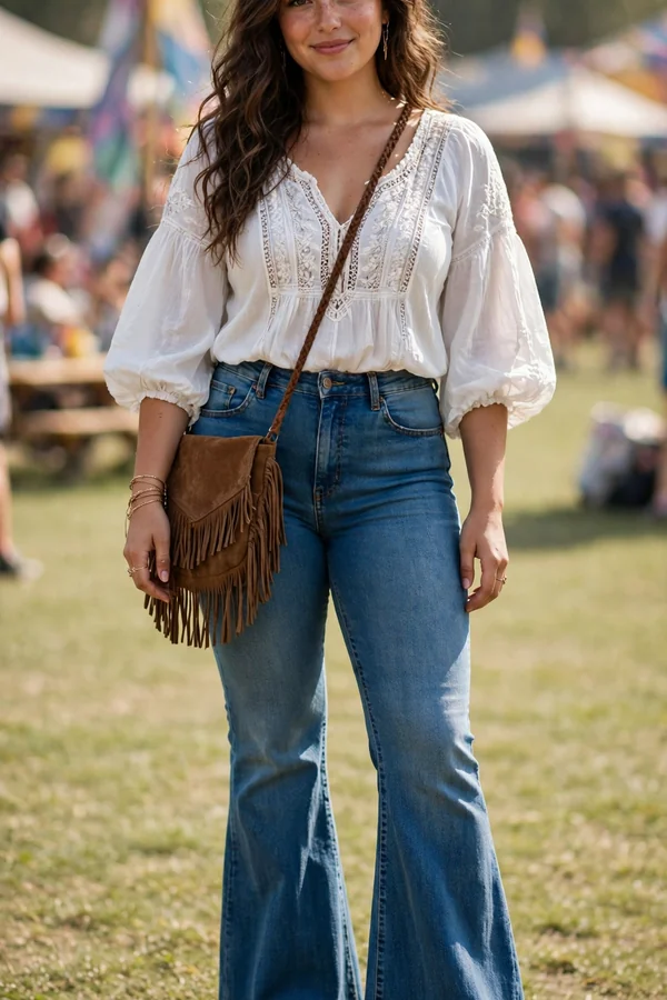 A curvy young woman in a white peasant blouse and flared jeans with platform sandals at a festival