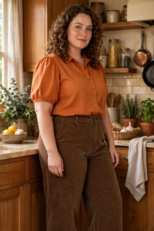 A curvy young woman wearing a pumpkin-orange blouse, brown wide-leg corduroy trousers and tan block heels in a warm kitchen