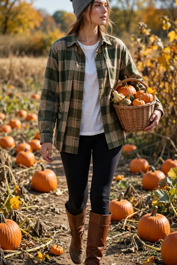 Woman walking with a pumpkin basket wearing a green-and-tan flannel shacket over a white tee with black leggings, tall chestnut boots and a gray knit beanie