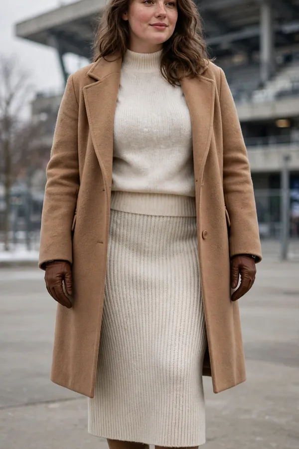 A curvy young woman wearing a camel coat over a cream monochrome knit sweater and knit midi skirt, tan knee-high boots and leather gloves outside a stadium on a cold day