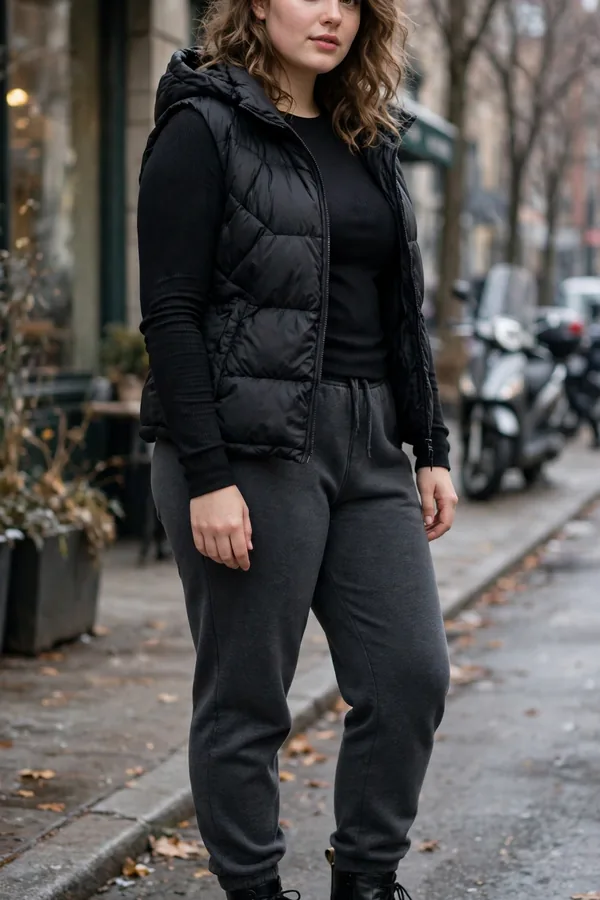 A moderately curvy young woman in dark grey sweatpants, a black long-sleeve top, and a puffer vest with lace-up boots on a cold street