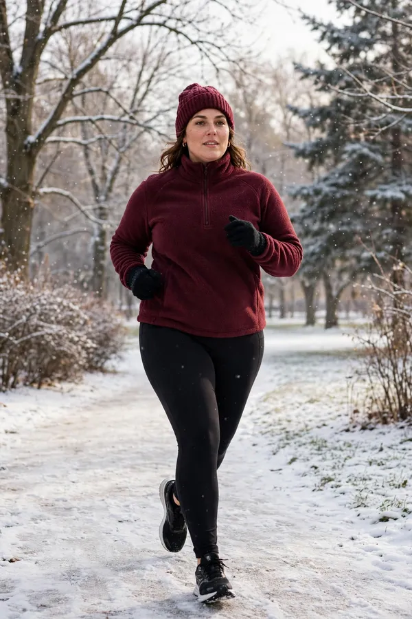 Moderately curvy woman in black thermal leggings and a burgundy fleece jacket with a beanie in a snowy park.