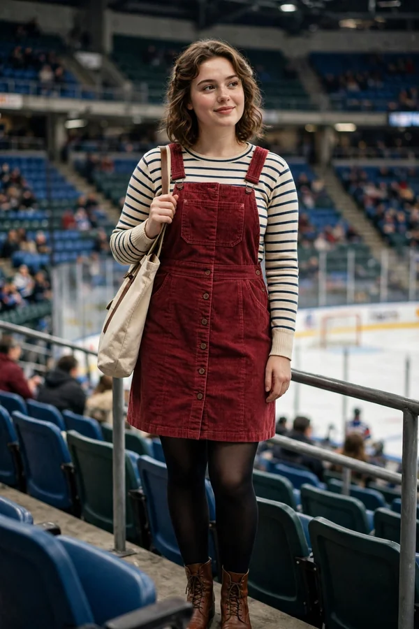 A curvy young woman wearing a cranberry corduroy pinafore dress over a striped top with ankle boots at a hockey game