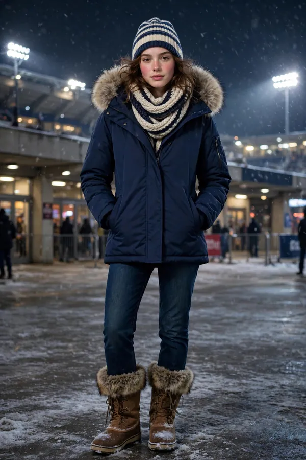 Woman in a navy parka with fur-trim hood, striped knit beanie, chunky infinity scarf and fur-lined snow boots at a night game