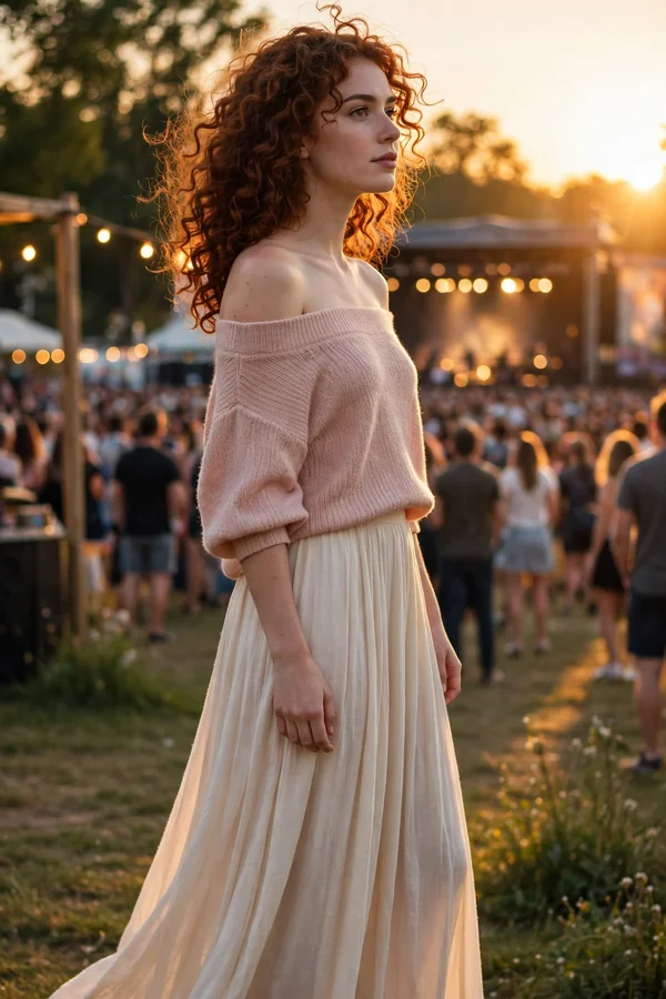 A young woman in an off-shoulder blush knit top and a flowing cream maxi skirt at a sunset concert