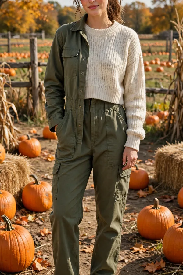 Woman in an olive utility jumpsuit with a cropped cream sweater and white sneakers at a pumpkin farm