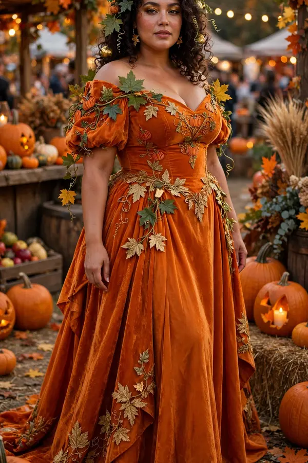 A curvy woman in a rich orange gown with a gold crown and vine accessories at a fall festival party
