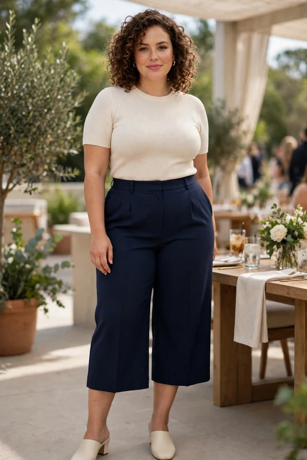 A curvy woman in navy culottes with a fitted cream knit top and mules at a daytime event