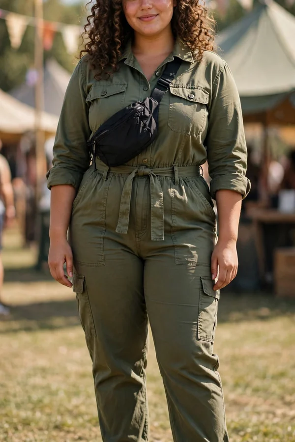 A curvy young woman wearing an olive utility jumpsuit and white sneakers at an outdoor music festival