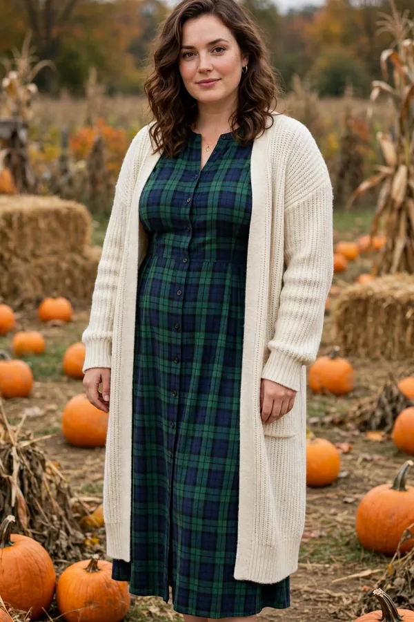 A woman in a green and navy plaid midi dress with a long cream cardigan at a pumpkin patch