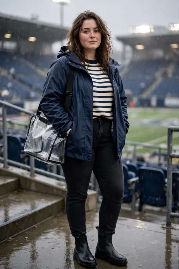 A curvy young woman wearing a navy waterproof rain jacket over a striped sweater, black jeans, waterproof Chelsea boots and carrying a clear stadium bag at a cold rainy football stadium