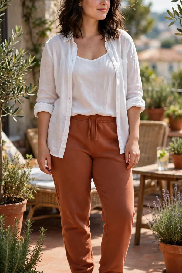 A moderately curvy young woman in terracotta sweatpants and a white linen shirt with espadrilles on a summer terrace