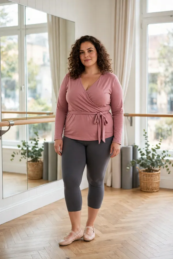 Moderately curvy woman in a dusty rose wrap top and charcoal capri leggings at a barre rail in a studio.