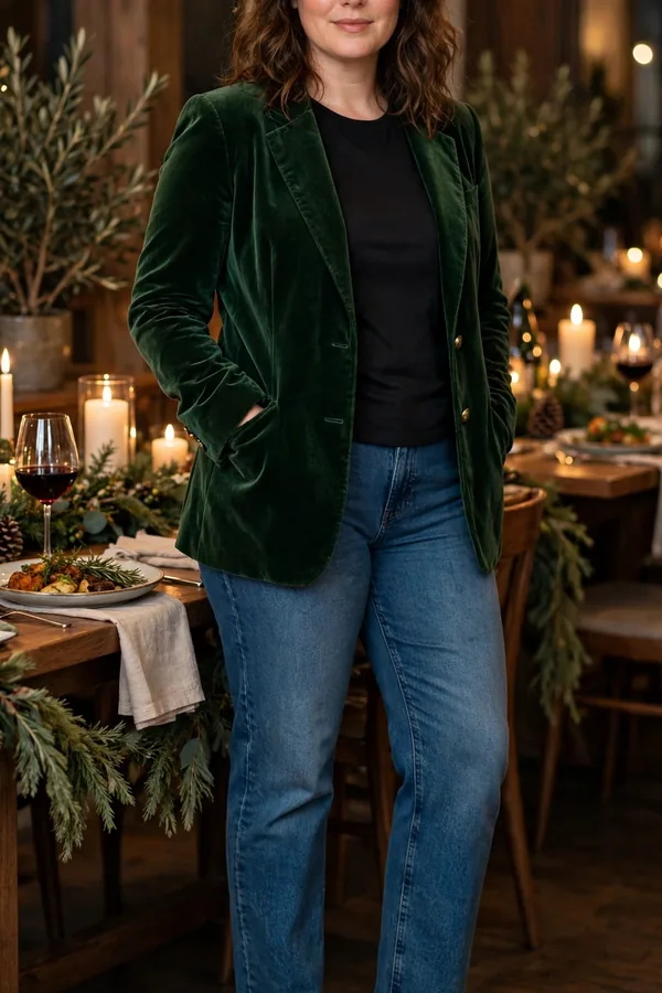 A moderately curvy woman in a deep green velvet blazer with straight-leg jeans and block heels at a festive dinner