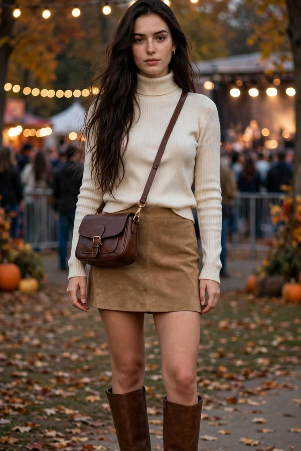 A young woman wearing a tan suede mini skirt, cream turtleneck, and tall brown boots at a fall concert