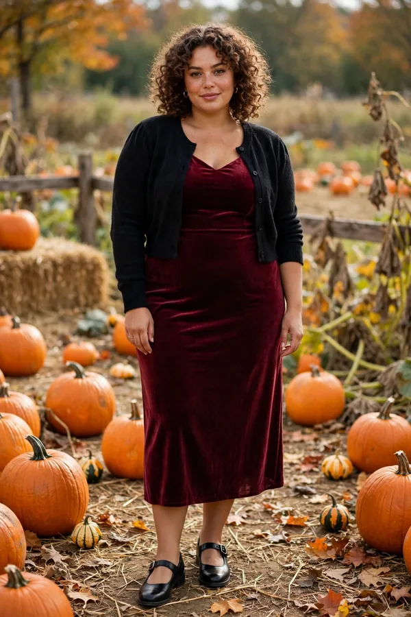 Woman in a burgundy velvet midi dress with a cropped black cardigan and black Mary Jane shoes at a pumpkin patch