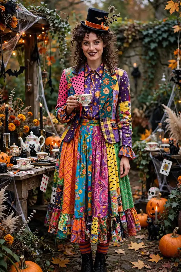 A woman in a colourful mismatched tea-party outfit with a small top hat and a teacup at a whimsical party