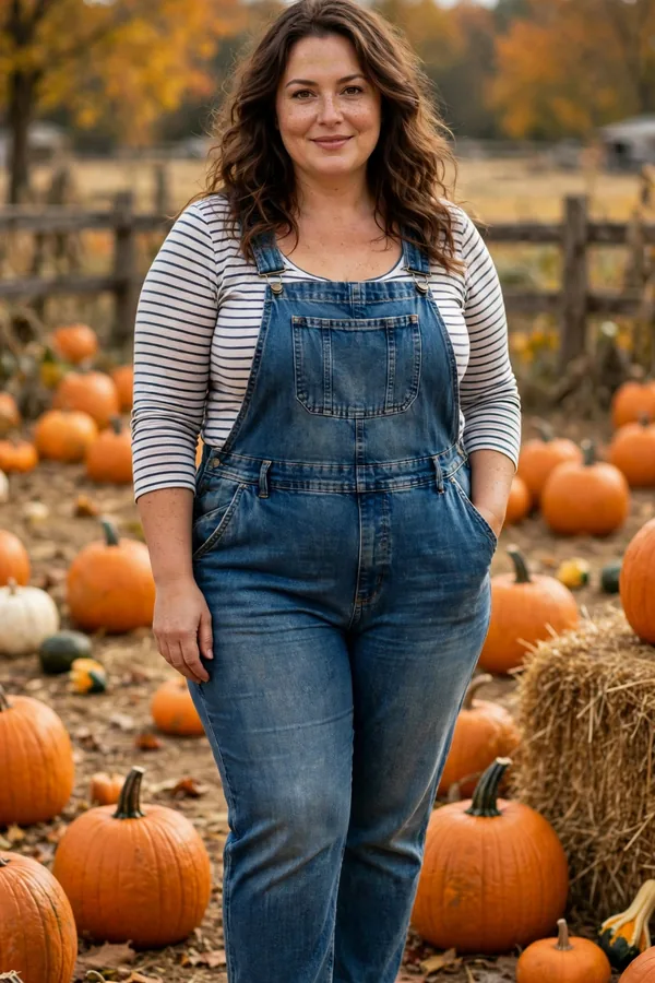 A woman in denim overalls over a striped long-sleeve top with sneakers at a pumpkin patch