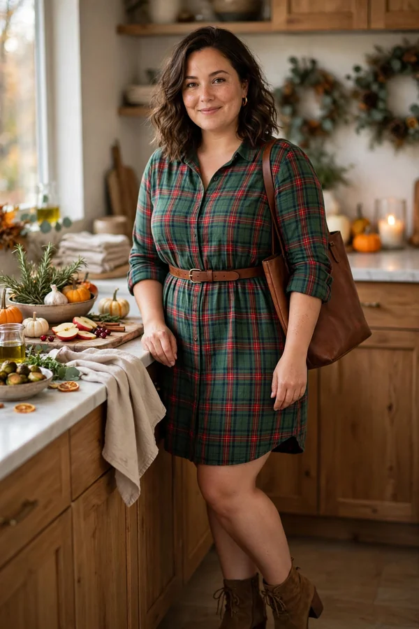 A curvy young woman wearing a forest green and red plaid shirt dress, brown ankle boots and a leather tote while hosting Thanksgiving