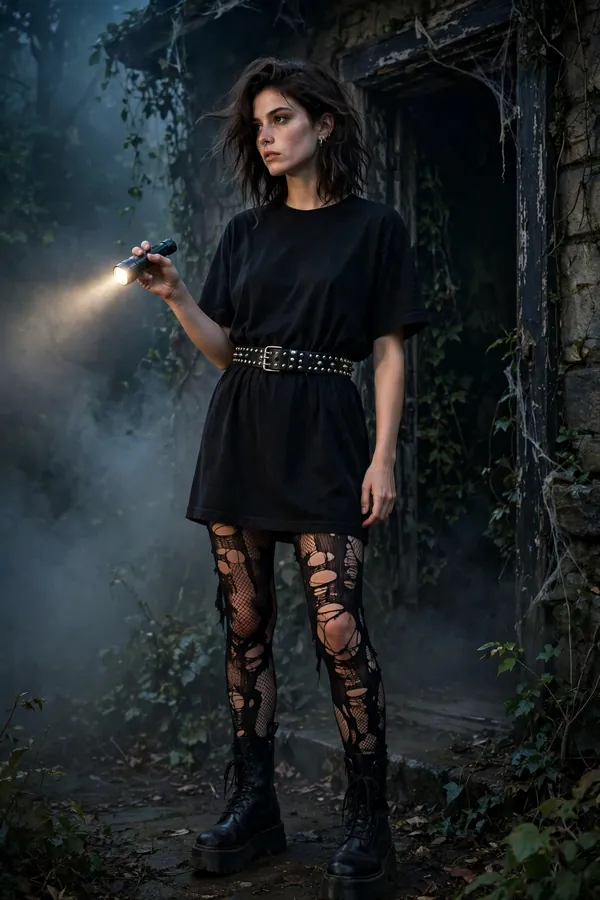 Woman in an oversized band tee dress with fishnet tights and studded belt as a punk ghost-hunter