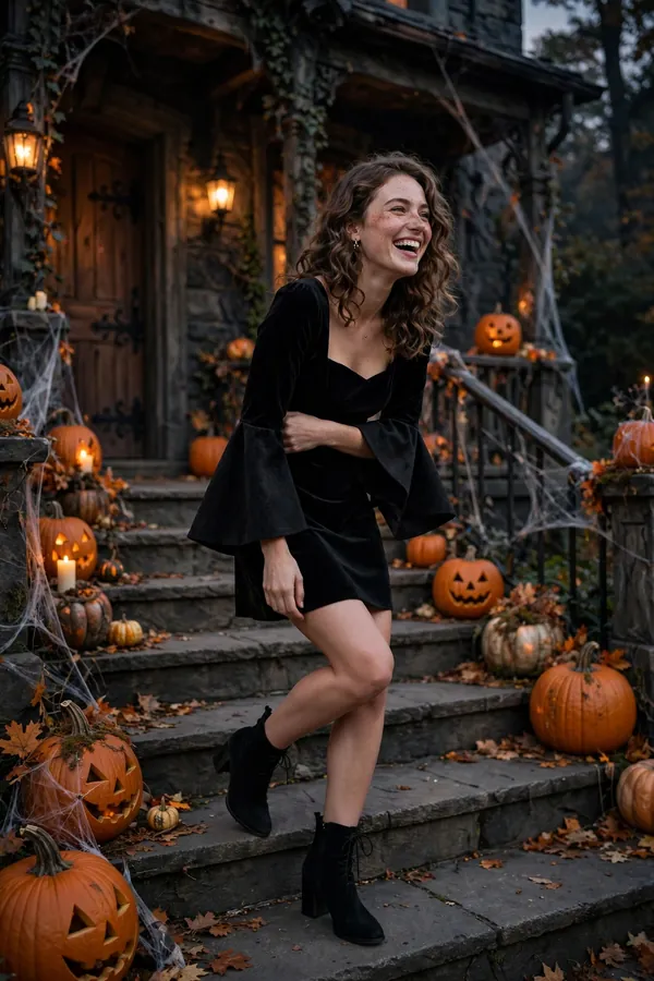Model laughing in a little black dress with bell sleeves on haunted house steps with friends