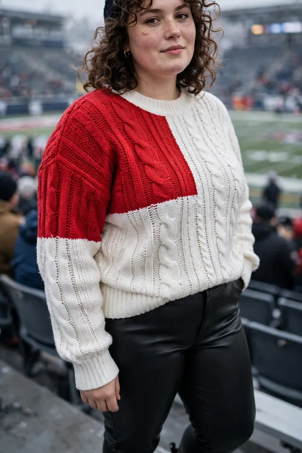 A curvy young woman wearing a red-and-white colour-block knit sweater, black faux-leather trousers, black ankle boots and a black beanie at a cold football game