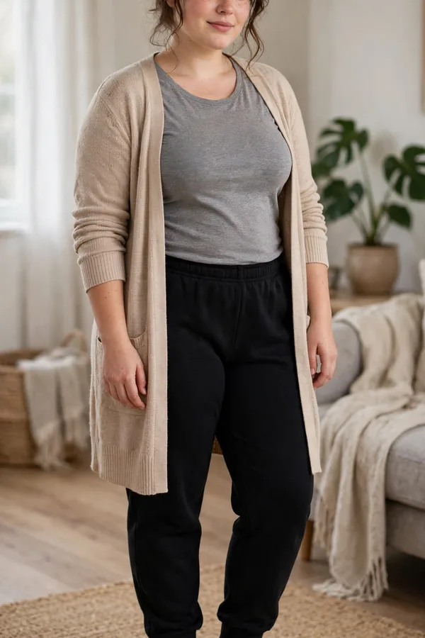 A moderately curvy young woman in black sweatpants, a grey top, and a longline beige cardigan with slip-on sneakers at home