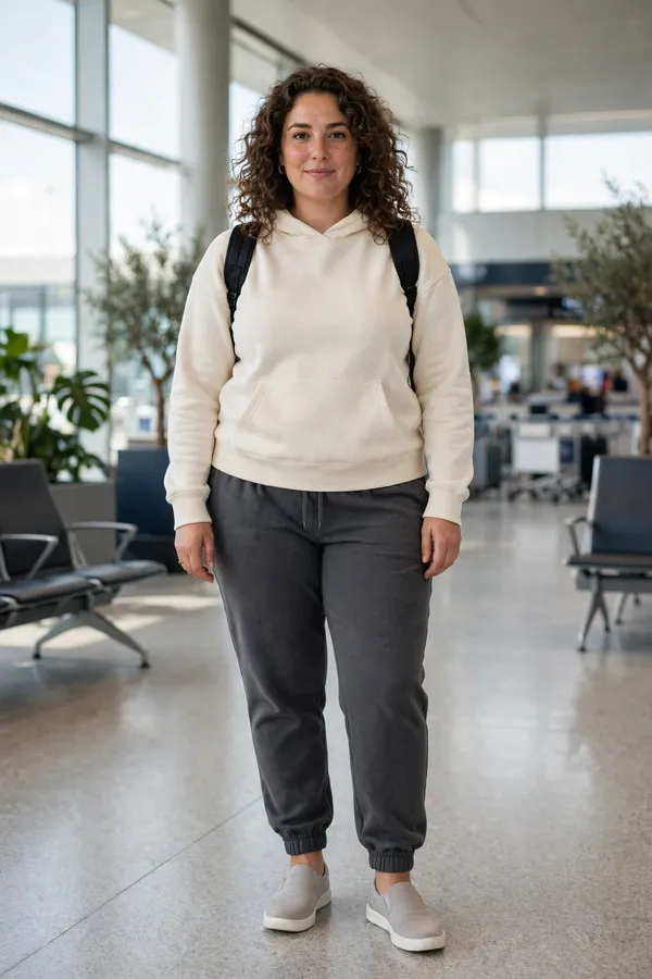 Moderately curvy woman in charcoal joggers and a cream hoodie with a backpack in an airport terminal.