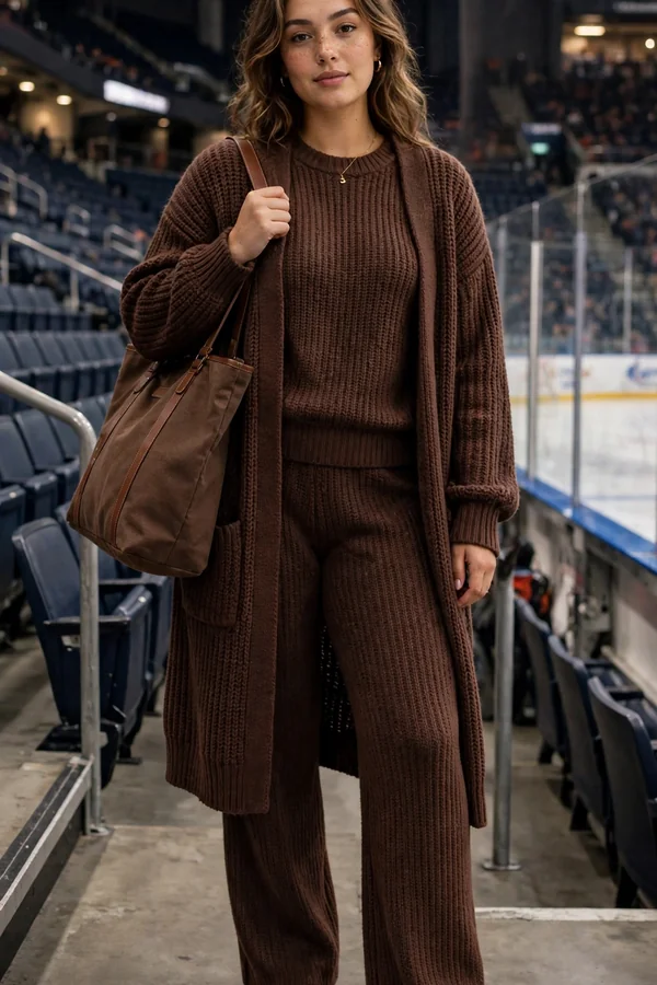 A curvy young woman in a chocolate knit co-ord set with white sneakers and a long cardigan at a hockey arena