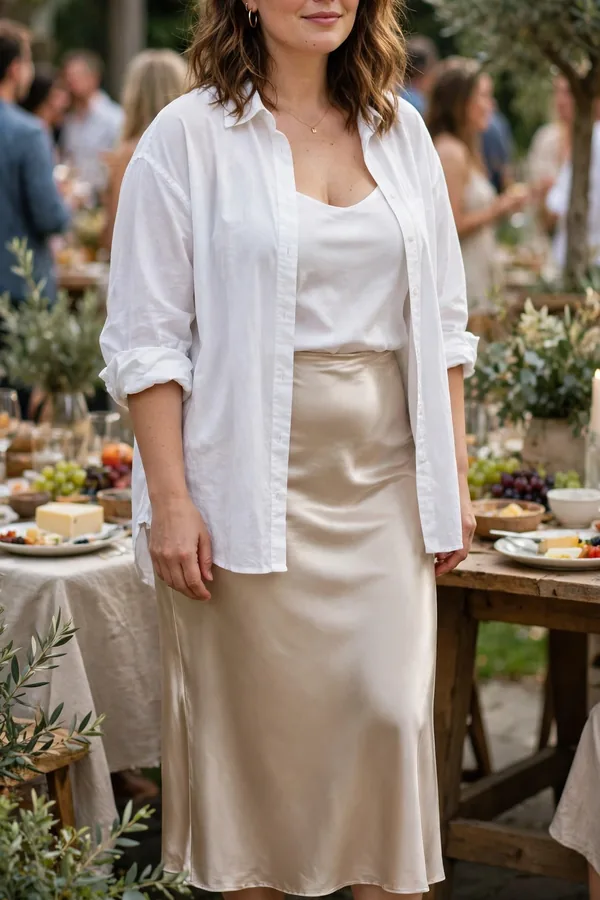 A moderately curvy woman in an oversized white shirt worn as a jacket over a satin slip skirt with white sneakers at a daytime gathering