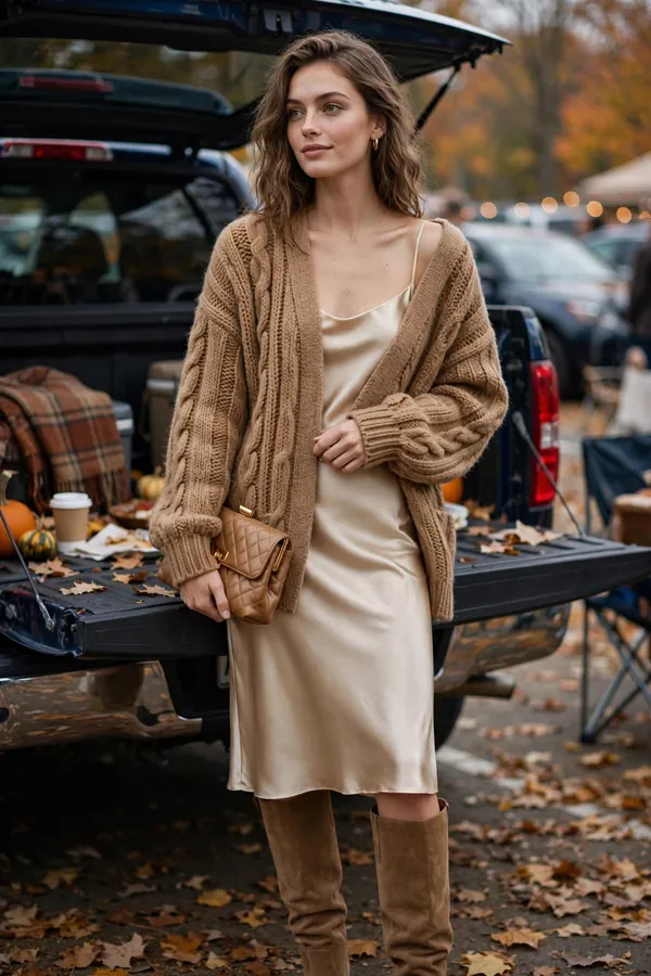 Woman in a chunky camel knit cardigan over a satin champagne slip skirt with suede knee-high boots holding a clutch