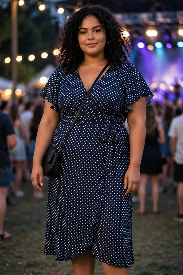A young woman in a navy polka-dot wrap dress and block-heel sandals at a summer evening concert