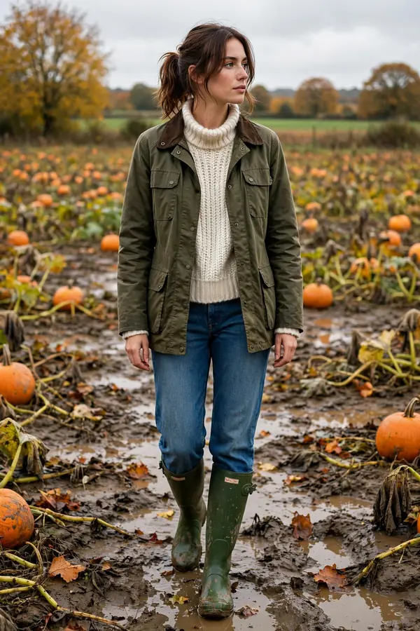 Woman in an olive waxed jacket with straight-leg jeans and tall green wellies in a wet pumpkin field