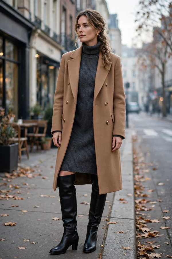 A woman in a camel coat over a charcoal knit dress with knee-high boots on a crisp city morning