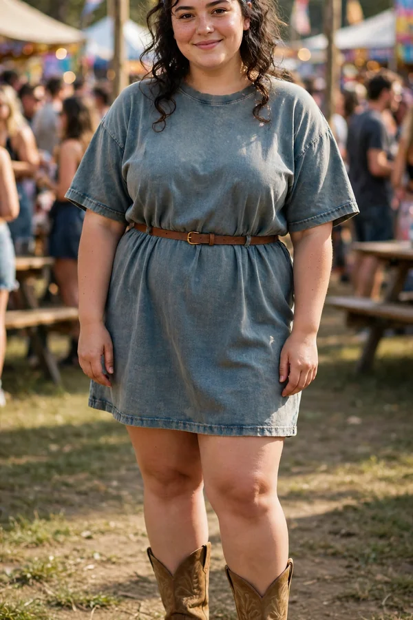 A curvy young woman wearing an oversized vintage-style tee as a dress with tan cowboy boots at a festival
