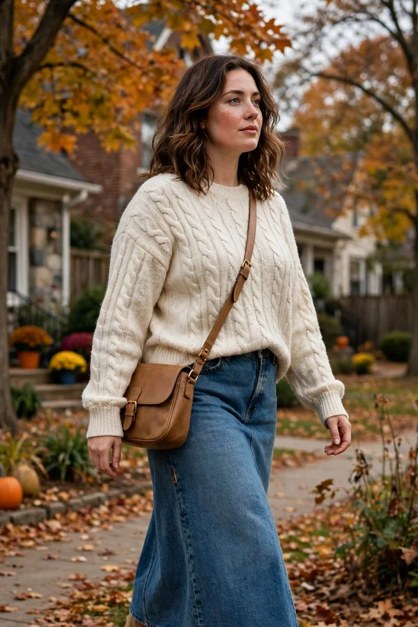 A curvy young woman wearing a cream cable-knit sweater, denim midi skirt and tan knee-high boots walking in a fall neighborhood