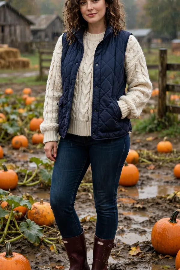 Woman standing in a muddy pumpkin patch field wearing a navy quilted vest over a chunky cream cable-knit sweater with dark jeans and burgundy rain boots
