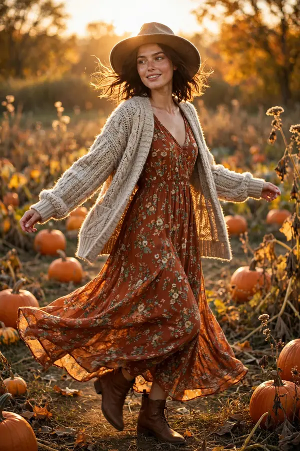 Woman twirling in a pumpkin patch wearing a rust-colored boho floral maxi dress with a chunky oatmeal knit cardigan, brown ankle boots and a wide-brim wool hat