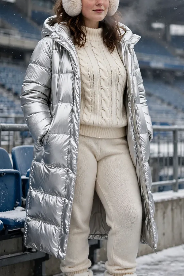 A curvy young woman wearing a cream knit co-ord sweater and joggers, long silver puffer coat, white snow boots and a fluffy earmuff headband at a very cold stadium