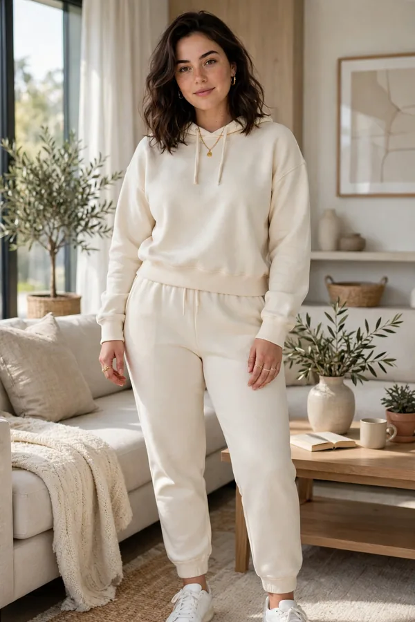 A moderately curvy young woman in a cream matching sweatpants and sweatshirt set with gold jewelry and white sneakers in a modern living room
