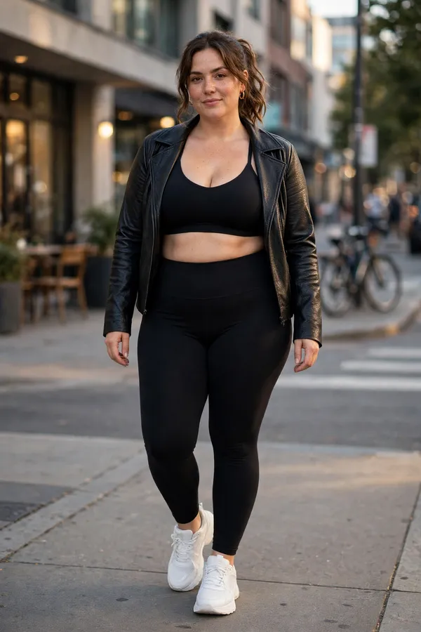 Moderately curvy woman in an all-black activewear set with a faux-leather jacket on a city street in the evening.