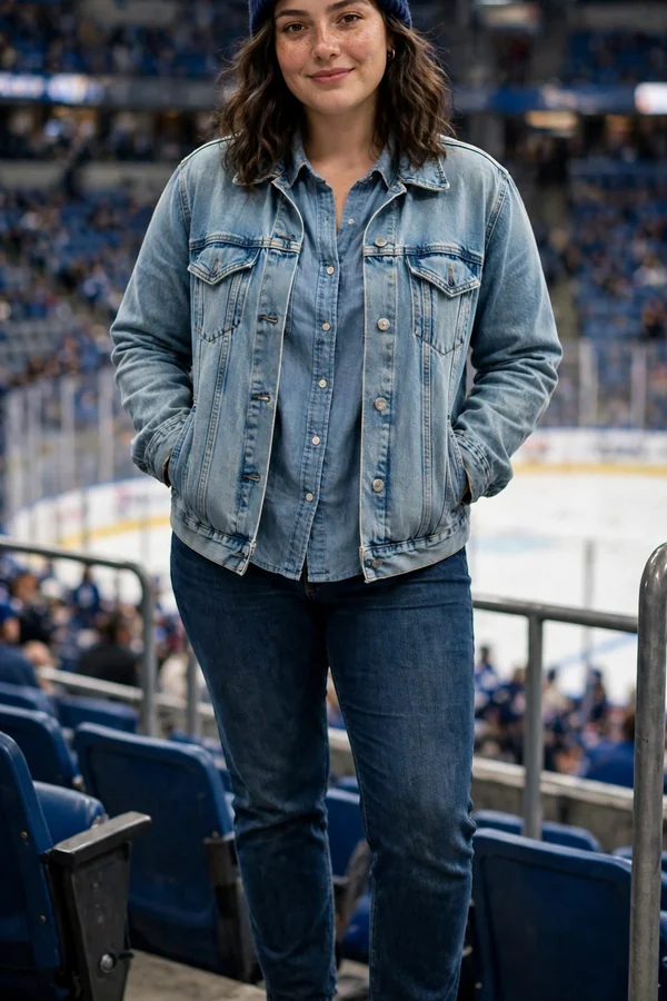 A curvy young woman in a denim jacket over a chambray shirt with jeans and boots at a hockey game