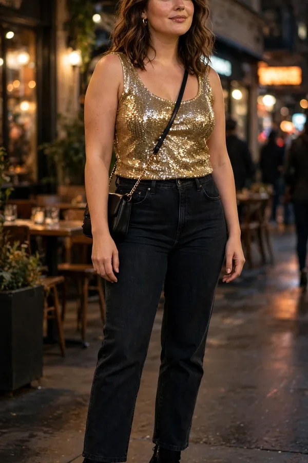 A moderately curvy woman in a gold sequin top with dark straight jeans and heeled ankle boots at a night out