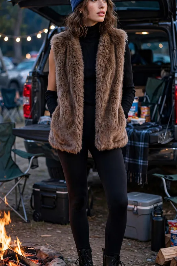 Woman in a faux-fur vest over a black turtleneck with black leggings, lace-up combat boots and a team-color beanie by a bonfire