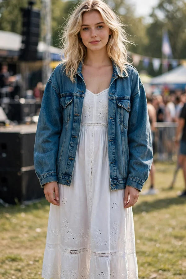A young woman in a white sundress, oversized denim jacket, and white sneakers at a daytime concert